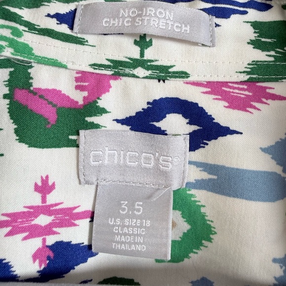Chico's White Ikat Print Button-Up Shirt with Green, Blue and Pink Accents - Picture 2 of 11